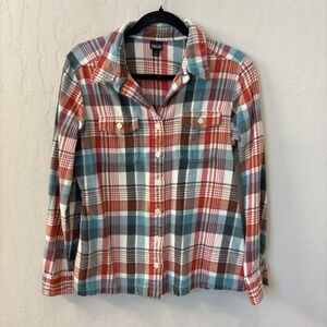 Patagonia Womens Organic Cotton Plaid Flannel‎ Button Down Shirt Red Blue Size 6